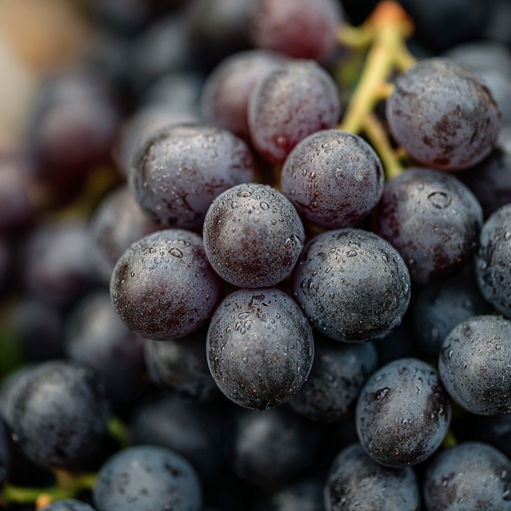 Grappe de raisin noir et pépins de raisin sur fond clair, source naturelle de procyanidine B-2 et de proanthocyanidines