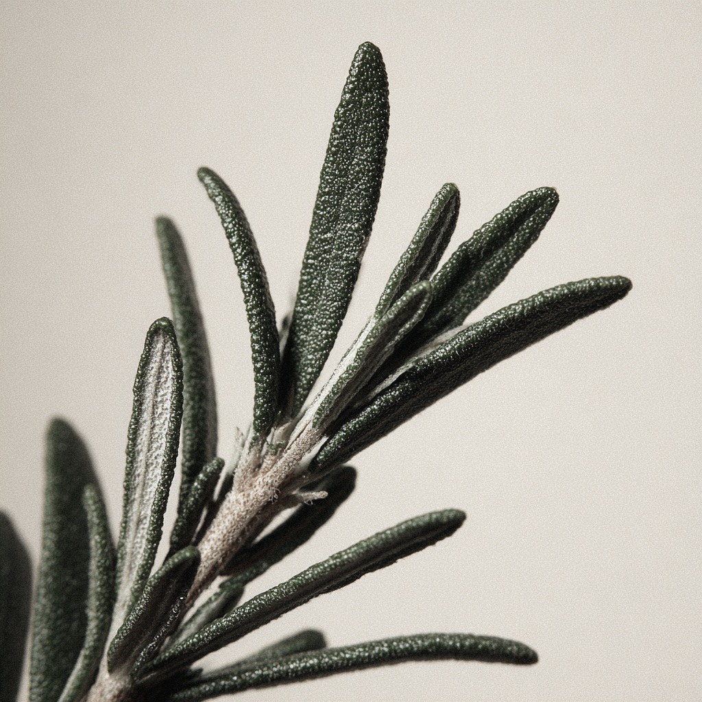 Brin de romarin frais sur fond beige clair, feuilles allongées caractéristiques de Rosmarinus officinalis