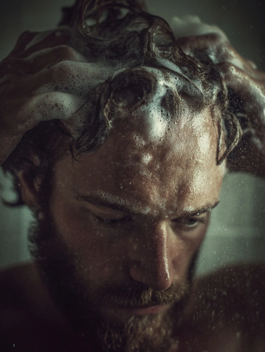 Homme se massant le cuir chevelu sous la douche, illustrant le mécanisme de la chute de cheveux