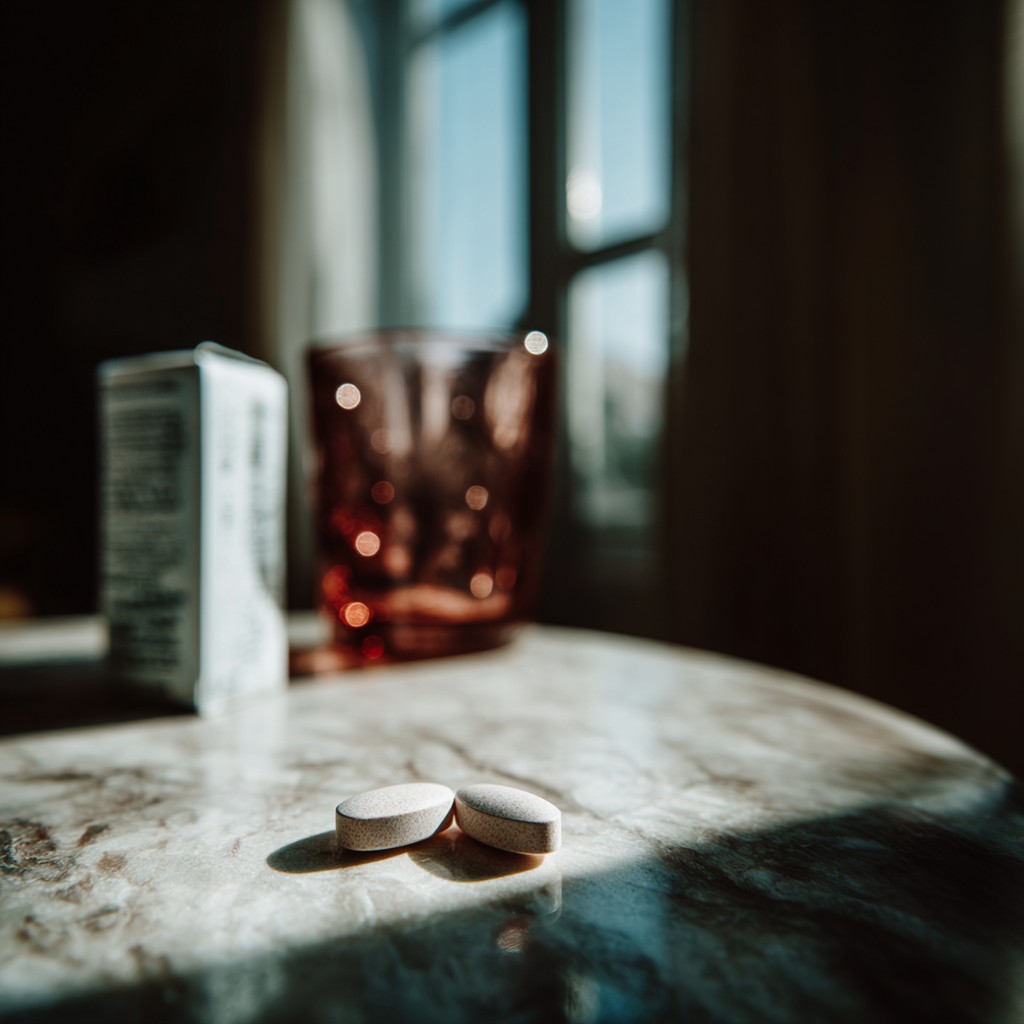 Deux comprimés posés sur une table en marbre, lumière naturelle, verre et boîte de médicaments en arrière-plan