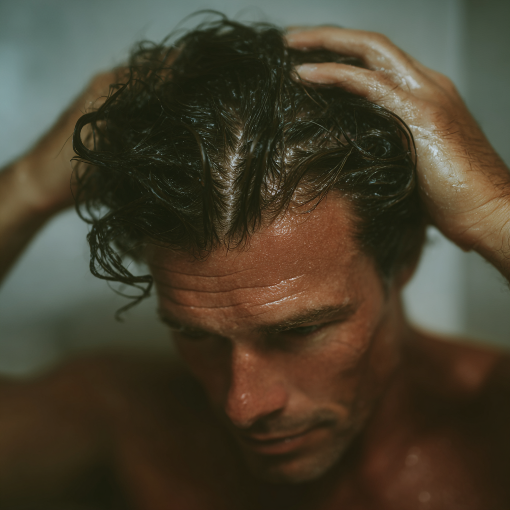 Personne se massant le cuir chevelu lors d'un shampooing