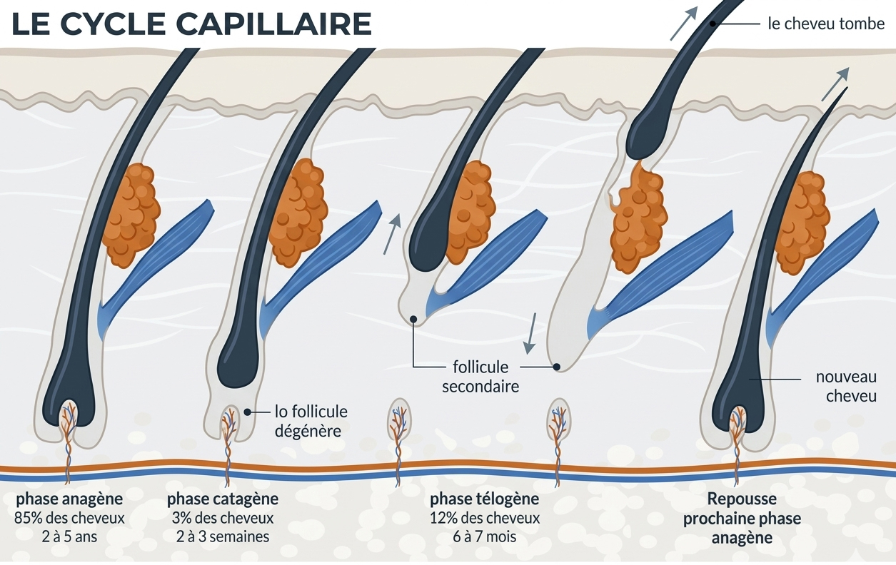 Schéma pédagogique du cycle capillaire montrant les quatre phases successives du follicule pileux : anagène, catagène, télogène et repousse