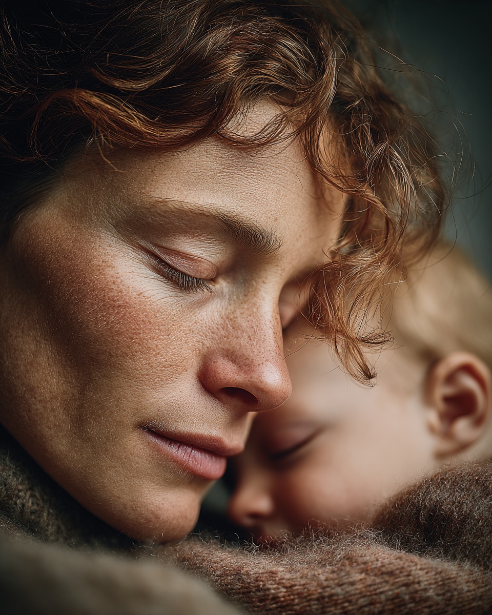 Mère tenant son bébé contre sa joue, moment de tendresse et de fatigue post-partum