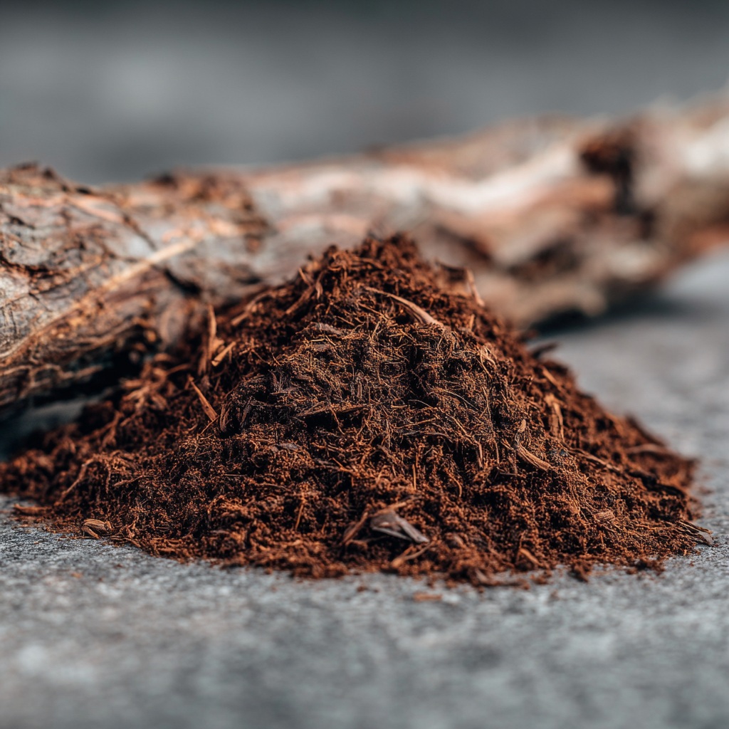Écorce rugueuse de Prunus africana sur fond gris mat, avec un petit tas de poudre brune cuivrée d'extrait de pygeum au premier plan