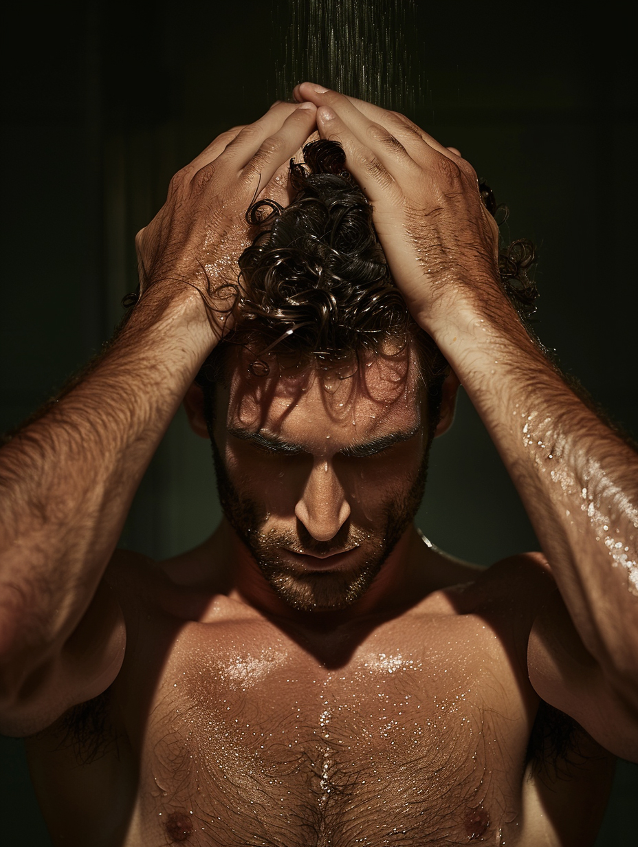 Homme sous la douche, cheveux mouillés sous un filet d'eau, les mains passées dans la chevelure