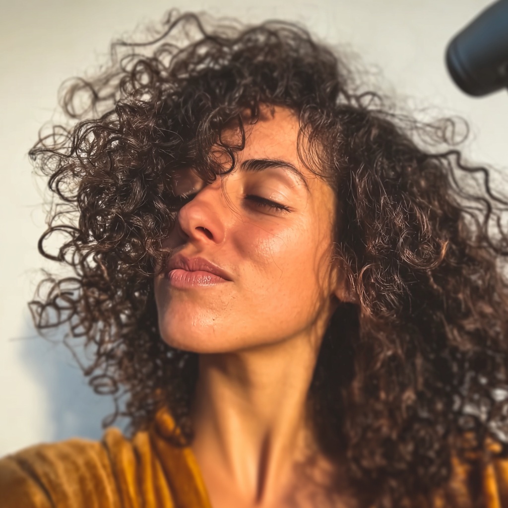 Femme brune aux cheveux bouclés, tête légèrement renversée dans la lumière du matin, sèche-cheveux en action