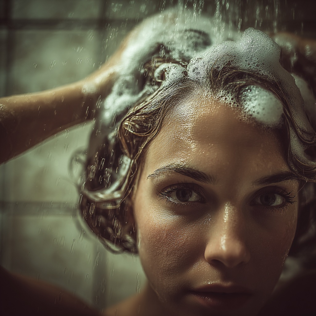 Femme sous la douche en train de se laver les cheveux, mousse de shampoing sur le cuir chevelu