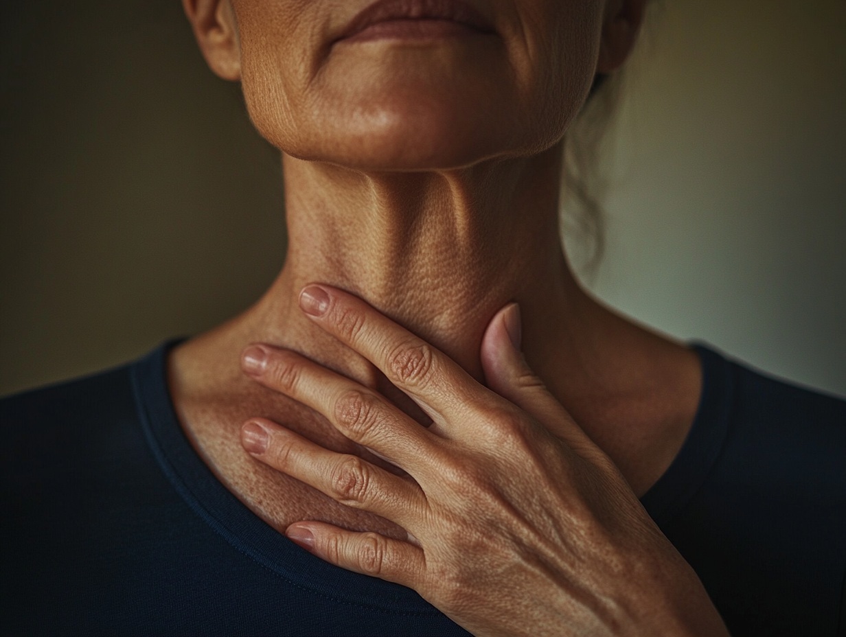 Main posée sur le cou d'une femme au niveau de la thyroïde, geste d'auto-examen de la zone thyroïdienne