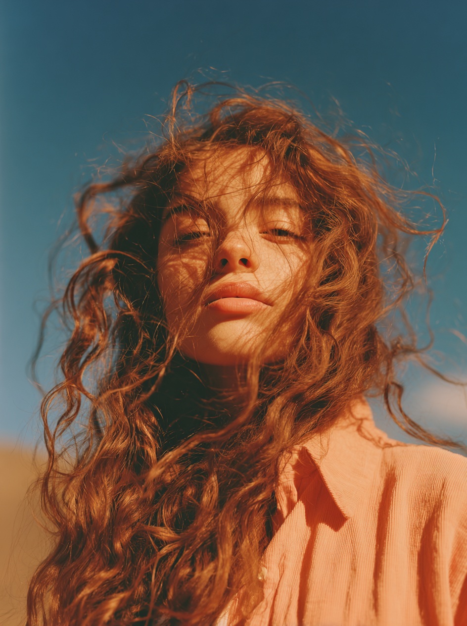 Jeune femme aux longs cheveux ondulés cuivrés dans la lumière dorée du soleil, regard serein sous un ciel bleu profond